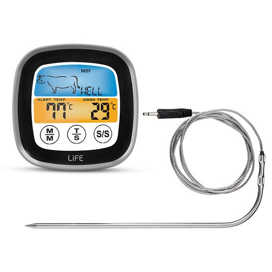 LIFE WELL DONE 2 σε 1 ψηφιακό θερμόμετρο κρέατος & χρονόμετρο κουζίνας με έγχρωμη οθόνη αφής.