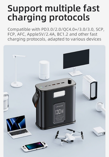 USAMS σταθμός φόρτισης USAMS-ST, καλώδιο, 5 έξοδοι, 130W 80000mAh, μαύρο