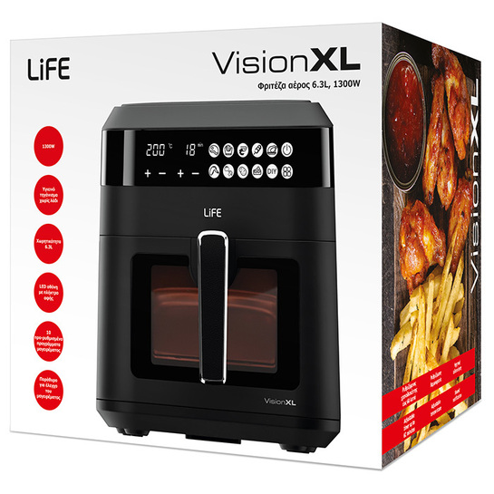 LiFE VISION XL Φριτέζα αέρος 6.3L, με ψηφιακή οθόνη LED, γυάλινο παράθυρο και φωτιζόμενο κάδο, 1300W.