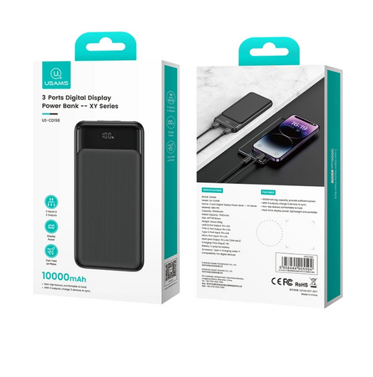 USAMS power bank US-CD198, 3x θύρες εξόδου, 10000mAh, 10W, μαύρο