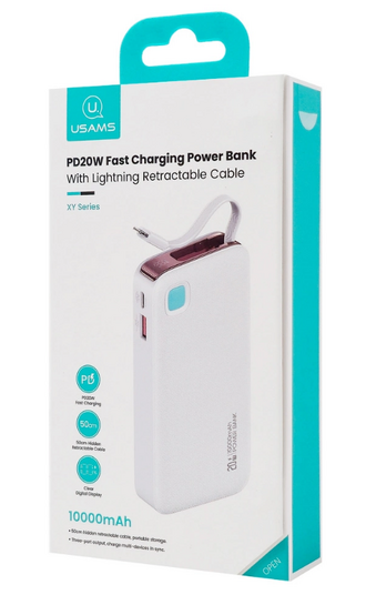 USAMS power bank CD225 με καλώδιο Lightning, 2x θύρες εξόδου, 10000mAh, 20W, λευκό
