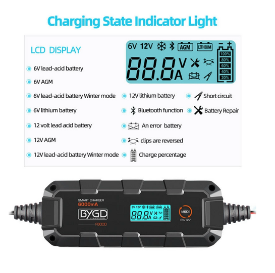 BYGD φορτιστής & συντηρητής μπαταρίας αυτοκινήτου F6000 με οθόνη, 6-12V/6A