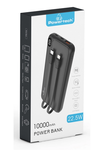 POWERTECH power bank PT-1063 10000mAh, 3x output, PD & QC, 22.5W, μαύρο