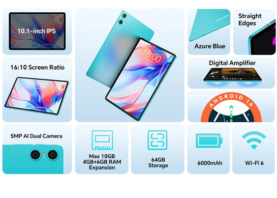 TECLAST tablet P30, 10.1", 4/64GB, Android 14, 6000mAh, μπλε