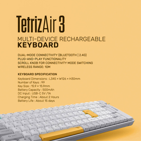 ALCATROZ BT5.3/2.4G MULTI-DEVICE RECHARGEABLE KEYBOARD TETRIZ AIR 3 SUMMER WHITE