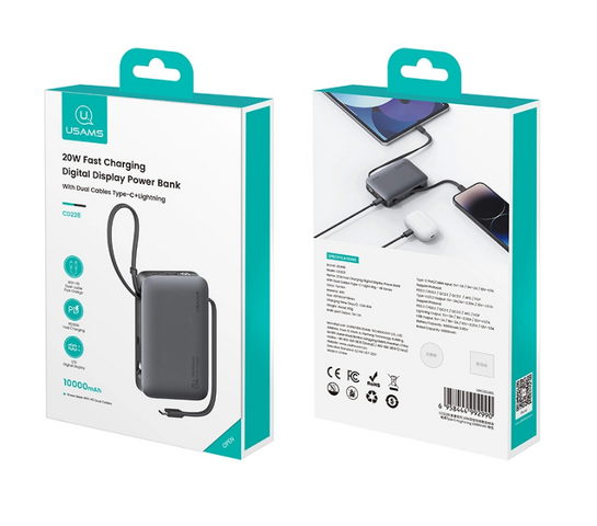 USAMS power bank CD228 με 2x καλώδια, 2x θύρες εξόδου, 10000mAh, 20W, γκρι