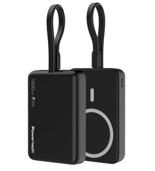 POWERTECH power bank PT-1376 with cable, 10000mah, magnetic wireless, 20W, black