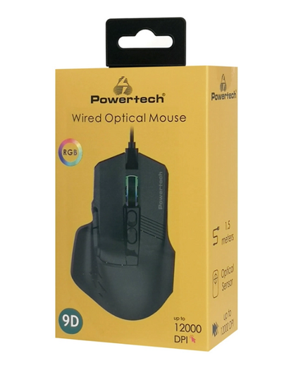 POWERTECH ενσύρματο gaming ποντίκι PT-1274, RGB φως, οπτικό, 12000DPI, μαύρο