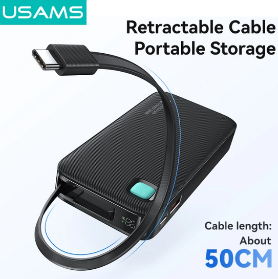 USAMS power bank CD224 με καλώδιο USB-C, 2x θύρες εξόδου, 10000mAh, 20W, λευκό