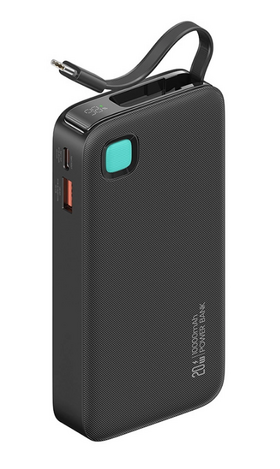 USAMS power bank CD224 with USB-C cable, 2x output ports, 10000mAh, 20W, black