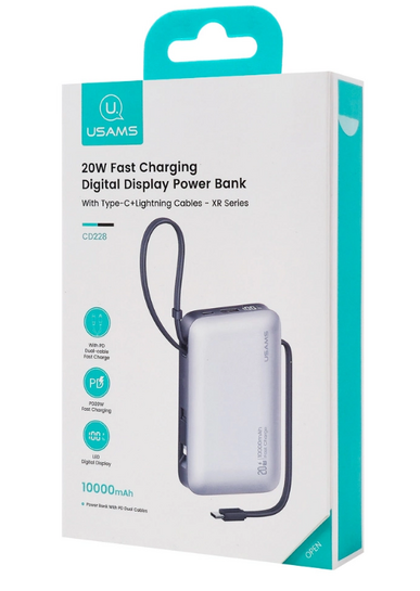 USAMS power bank CD228 με 2x καλώδια, 2x θύρες εξόδου, 10000mAh, 20W, ασημί