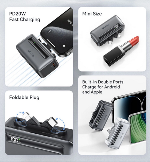 USAMS power bank CD233, USB-C/Lightning έξοδος, 4500mAh, 20W, γκρι 9,