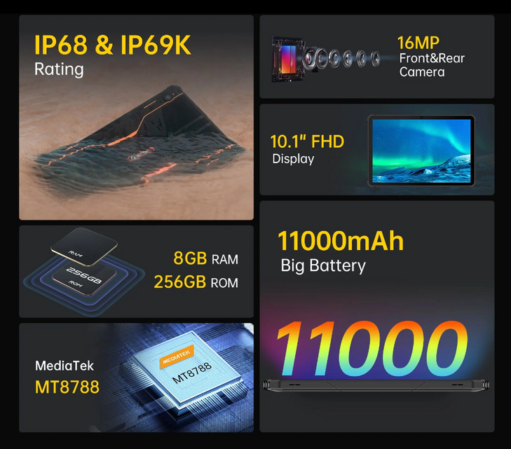 OUKITEL tablet RT5, 10.1", 8/256GB, 4G, 11000mAh, IP68/IP69K, μαύρο