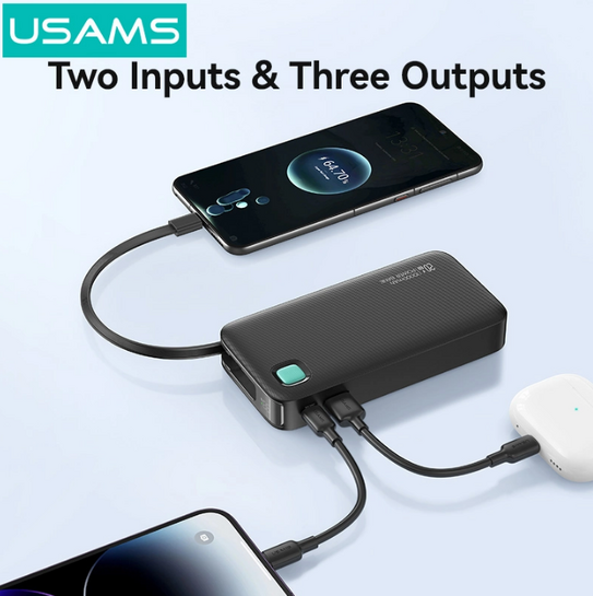 USAMS power bank CD224 με καλώδιο USB-C, 2x θύρες εξόδου, 10000mAh, 20W, λευκό