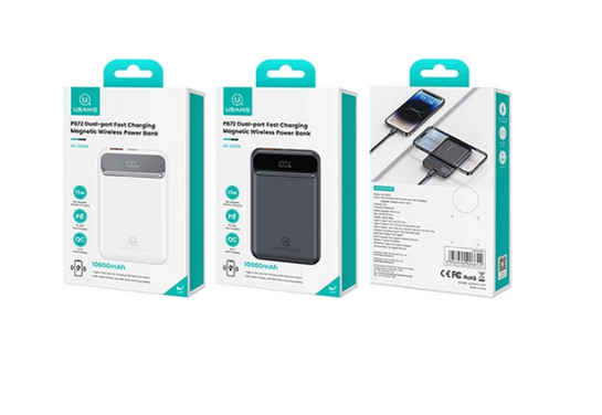 USAMS power bank US-CD214, 2x έξοδοι, wireless, 10000mAh, 20W, μαύρο