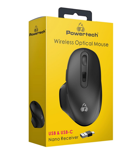 POWERTECH ασύρματο ποντίκι PT-1152, USB & USB-C δέκτη, 1600DPI, μαύρο