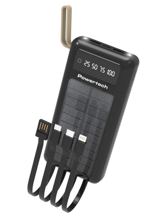 POWERTECH solar power bank PT-1084 with cables & display, 20000mAh, black