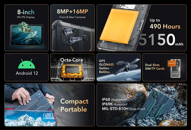 OUKITEL tablet RT3, 8", 4/64GB, 4G, 5150mAh, IP68/IP69K, μαύρο