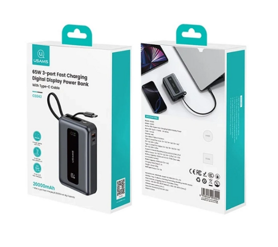 USAMS power bank CD243 με καλώδιο USB-C, 2x θύρες εξόδου, 20000mAh, 65W, γκρι