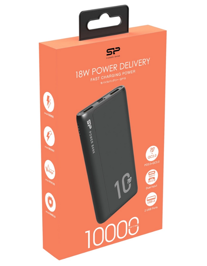 SILICON POWER power bank QP15, 10000mAh, 2x USB & USB Type-C, 3A, μαύρο