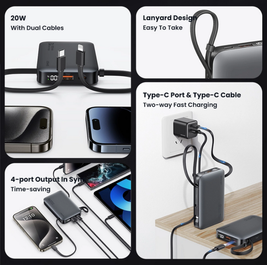 USAMS power bank CD228 με 2x καλώδια, 2x θύρες εξόδου, 10000mAh, 20W, γκρι