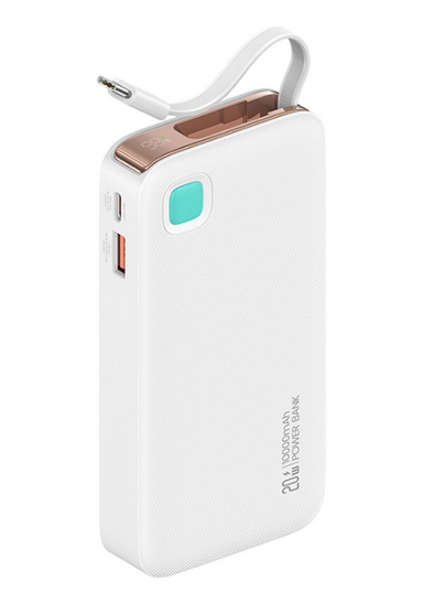 USAMS power bank CD224 με καλώδιο USB-C, 2x θύρες εξόδου, 10000mAh, 20W, λευκό