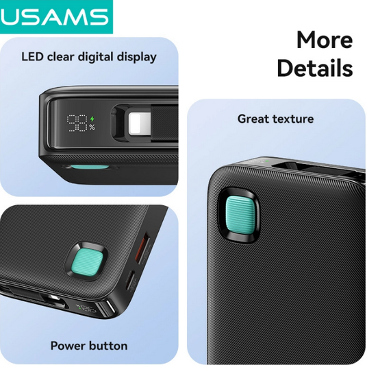 USAMS power bank CD225 με καλώδιο Lightning, 2x θύρες εξόδου, 10000mAh, 20W, μαύρο