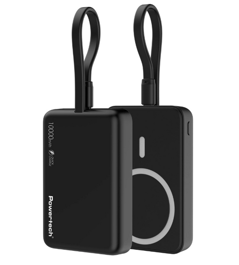POWERTECH power bank PT-1376 με καλώδιο, 10000mah, magnetic wireless, 20W, μαύρο