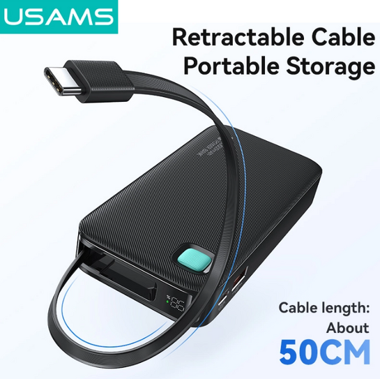 USAMS power bank CD224 με καλώδιο USB-C, 2x θύρες εξόδου, 10000mAh, 20W, μαύρο