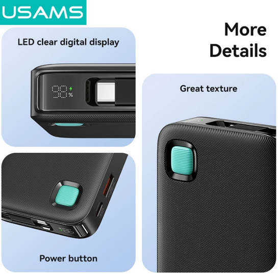 USAMS power bank CD224 με καλώδιο USB-C, 2x θύρες εξόδου, 10000mAh, 20W, μαύρο