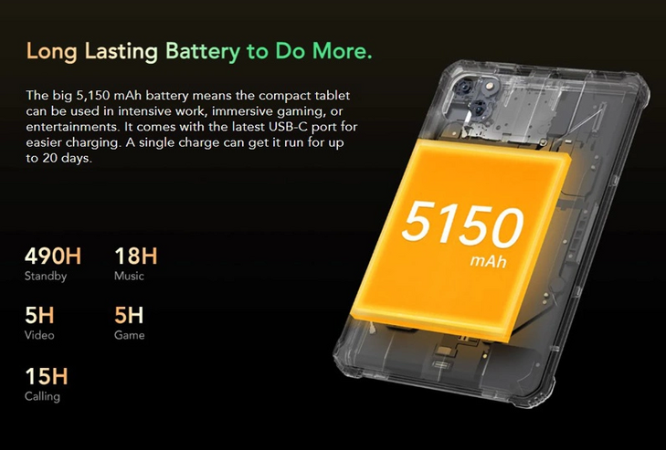 OUKITEL tablet RT3, 8", 4/64GB, 4G, 5150mAh, IP68/IP69K, μαύρο