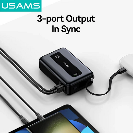 USAMS power bank CD243 με καλώδιο USB-C, 2x θύρες εξόδου, 20000mAh, 65W, γκρι