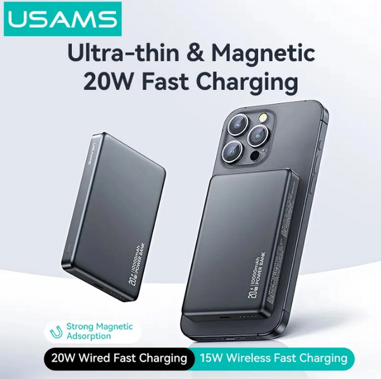 USAMS power bank CD242, magnetic wireless, USB-C έξοδος, 10000mAh, 20W, γκρι