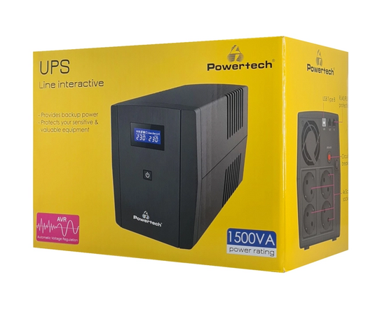 POWERTECH UPS Line Interactive PT-1297 με οθόνη, 1500VA, 900W, 4x Schuko, 2x RJ45/RJ11, USB Type B