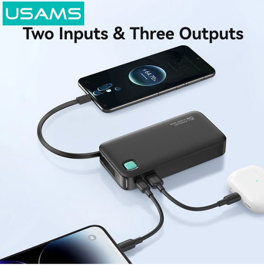 USAMS power bank CD224 με καλώδιο USB-C, 2x θύρες εξόδου, 10000mAh, 20W, μαύρο
