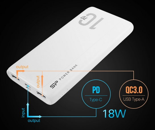 SILICON POWER power bank QP15, 10000mAh, 2x USB & USB Type-C, 3A, λευκό