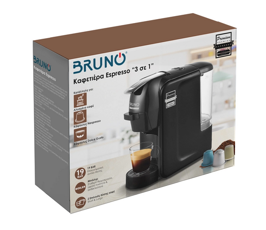 BRUNO καφετιέρα espresso 3 σε 1 BRN-0124, 1450W, 19 bar, μαύρη